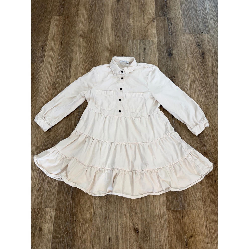 Zara Boho Minimalist 100% Linen Tiered Babydoll Shirt Dress Women S Cream Mini